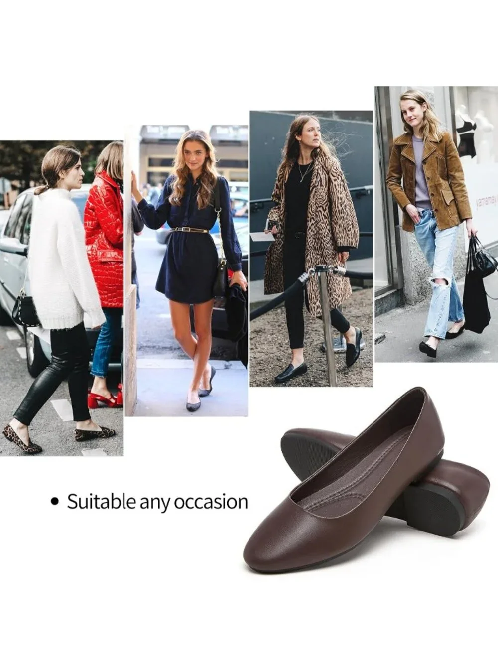 Women's Coffee PU Leather Closed Toe Comfortable Flexible Slip On Ballet Flats